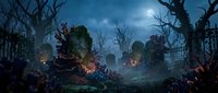 Spooky Halloween cemetery scene with glowing jack-o-lanterns, bare twisted trees, iron gates and misty moonlit atmosphere for horror themed designs.