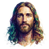 Geometric low poly portrait of bearded man with long wavy hair in colorful triangular facets. Modern digital art style for contemporary design projects.