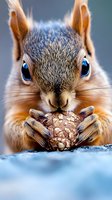 Close-up of a squirrel with striking blue eyes holding a pinecone, featuring detailed fur texture and whiskers against a soft blue background. Use for wildlife, nature, and animal content.