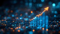Glowing financial graph showing upward trend with blue digital bars and golden arrow on dark background with bokeh lights, representing business growth.