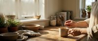 Woman stirring a warm drink at a rustic wooden kitchen counter in soft morning sunlight, with plants and ceramic bowls nearby.