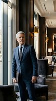 Confident mature Caucasian businessman in navy suit standing in luxury hotel lobby with modern interior design for corporate and hospitality concepts.