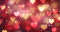 Romantic bokeh background with glowing hearts and sparkles in warm red and golden tones for Valentine's Day designs and love-themed projects.
