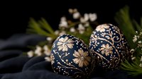 Traditional navy blue Easter eggs decorated with intricate gold floral patterns and swirls, nestled against dark fabric with delicate white spring flowers and greenery.