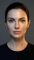 Split face showing before and after cosmetic surgery with marked guidelines on young Caucasian woman for medical consultation and aesthetic procedures.
