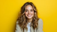 Young Caucasian woman with wavy brown hair and bright genuine smile wearing casual sweater against vibrant yellow background, expressing joy and confidence in studio portrait.