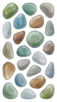 Assorted polished stones and pebbles in green, blue, brown, and gray tones isolated on white background. Suitable for design projects, clipart, and decorative applications.