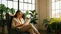 Professional businesswoman working on laptop in modern office space surrounded by lush green plants near large windows with natural sunlight streaming in.