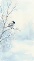 Watercolor chickadee perched on snowy winter branch with soft blue and white tones for seasonal greeting cards and nature artwork.