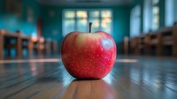 Fresh red apple on wooden table in classroom setting with natural window light and blurred chairs in background, creating educational atmosphere.