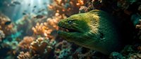 Green moray eel hiding among vibrant coral reef formations in tropical underwater marine environment with sunlight filtering through water.
