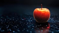 Fresh red apple with water droplets on dark background with dramatic lighting and reflection. Macro food photography with shallow depth of field.