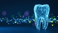 Digital tooth hologram with glowing particles on dark blue background for dental technology and healthcare innovation concepts.