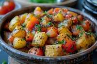 Roasted baby potatoes with cherry tomatoes and fresh herbs in rustic ceramic bowl, seasoned with black pepper and garnished with parsley, homestyle cooking.