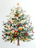 Festive watercolor Christmas tree decorated with citrus fruits, red berries, and green foliage, topped with golden star. Natural botanical holiday artwork.