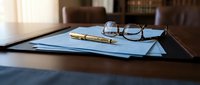 Professional business documents with eyeglasses and pen on wooden desk in modern office setting for corporate meetings and legal consultations.