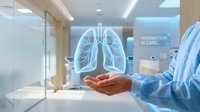 Doctor presenting holographic lung anatomy model in modern medical facility for respiratory health education and pulmonary disease diagnosis consultation.