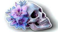 Artistic skull with vibrant purple and blue lilies, side view on white background, decorative gothic design element isolated for creative projects and merchandise.