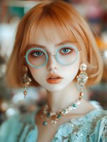 Young woman with ginger bob haircut wearing turquoise round glasses, coral lipstick, and crystal jewelry. Soft dreamy portrait in pastel tones with blurred background.
