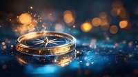 Golden compass on dark blue glittery surface with magical bokeh lights and sparkles in background, creating mystical navigation atmosphere.