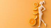 Stylish female figure made from white knitted fabric posing next to fresh orange slices on vibrant orange background, creative fashion and healthy lifestyle concept.