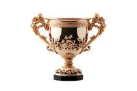 Ornate copper trophy cup with baroque-style handles and decorative floral embellishments on black base, isolated on white background for luxury sports and achievement designs.