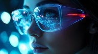 Young Asian woman wearing futuristic glasses with digital reflection, neon lights and bokeh effects creating cyberpunk atmosphere for technology concept.