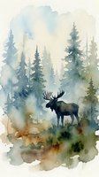 Watercolor moose silhouette in misty forest with evergreen trees, nature wildlife art for home decor and outdoor themed designs.