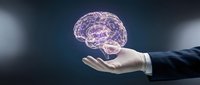Businessman hand presenting glowing purple brain hologram on dark background. Concept for artificial intelligence, neuroscience and innovation technology.