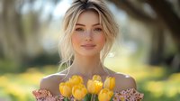 Young blonde woman with natural makeup holding yellow tulips and cherry blossoms outdoors in spring garden with soft bokeh background and warm sunlight.