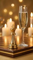 Elegant champagne flute and golden chess king piece on wooden board with warm candlelight bokeh background for luxury celebration and strategic success concepts.