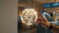 Hand holding glowing wireframe globe representing global connectivity, digital networks, and worldwide business communication in modern office environment.