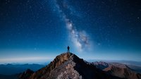 Silhouette of person standing on mountain peak under starry night sky with Milky Way galaxy, dramatic landscape view of mountain ranges at dusk.
