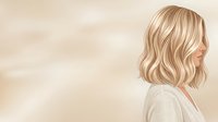 Side profile of a young woman with shoulder-length blonde wavy hair wearing a light beige top against a soft neutral background. Suitable for beauty, wellness, and lifestyle design projects.