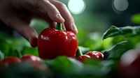Fresh red bell pepper with water drops being picked by hand against blurred green garden background, natural lighting creates soft bokeh effect.