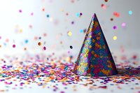 Festive holographic party cone surrounded by vibrant confetti on light background, celebration concept for birthday, anniversary or special occasion party decor.