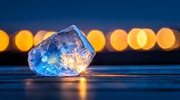 Glowing ice crystal on dark surface with golden bokeh lights in background creates magical winter atmosphere. Macro photography captures frozen moment.