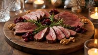 Sliced grilled beef steak with cranberries and rosemary on wooden board. Festive dinner setting with candles and crystal glasses for holiday celebration.