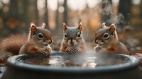Three red squirrels gathered around steaming water bowl in winter garden setting, creating whimsical nature moment with bokeh background and warm autumn colors.