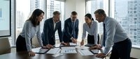 Diverse business team collaborating around conference table in modern office with city skyline view during strategic planning meeting.