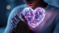 Young African American woman holding glowing purple and blue neon heart shape with magical particle effect against dark background, creating romantic ethereal atmosphere.