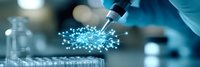 Medical scientist in protective gloves working with glowing molecular structure in modern laboratory setting, conducting research with pipette and test tubes.