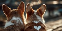 Two Welsh Corgi dogs with distinctive pointed ears viewed from behind, showing heart-shaped fur pattern on one dog's back, bathed in warm sunlight.