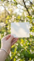 Hand holding blank white card against blooming spring tree background with soft sunlight and green leaves for mockup design templates.