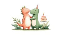 Cute dinosaur friends celebrating birthday with cake and party hats, watercolor style illustration on white background, isolated character design for children decor.