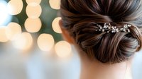 Elegant bridal hairstyle with crystal hair accessory shown from behind against soft bokeh lights, featuring a sleek low bun updo with delicate pearl pins.