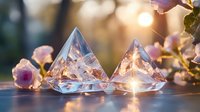 Crystal pyramids with soft pink roses against golden sunset light creating magical sparkles and reflections on wooden surface. Spiritual healing concept.