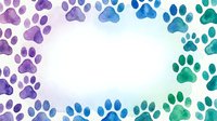 Watercolor paw prints border frame in purple blue teal gradient colors on white background for pet animal design projects and veterinary materials.