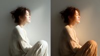 Young woman in profile sitting peacefully in soft natural light, wearing cozy sweater. Contemplative mood for wellness, mindfulness and lifestyle content.