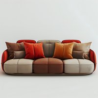 Modern curved sofa in beige and brown leather with orange and red accent pillows on white background, contemporary living room furniture design.